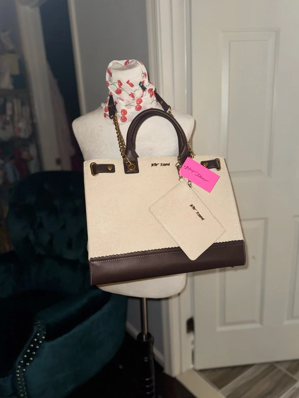 NWT Betsey Johnson Xokiara Skull Embossed Satchel Tote Cream Multi